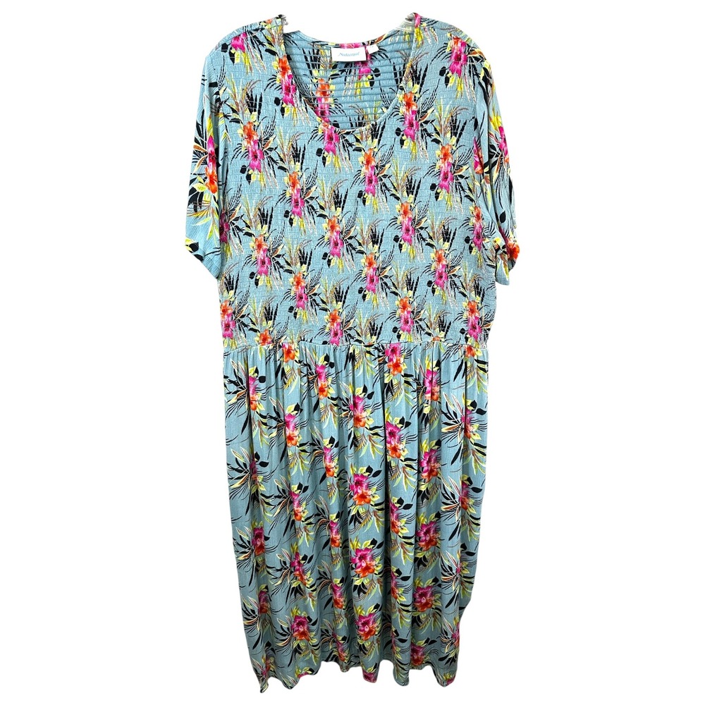 National Plus Size‎ 3X Maxi Dress Blue Floral Smocked Short Sleeve Vacation 1766